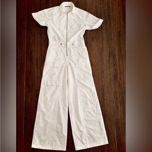 ZARA Women's Cream Cotton Zip Up Cargo Jumpsuit Wide Leg Relaxed Fit size Small